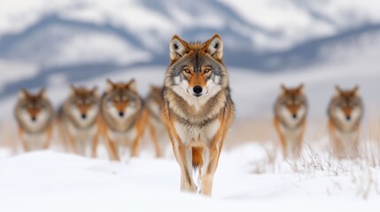 A pack of wolves confidently walking through snowy terrain with mountains in the background.