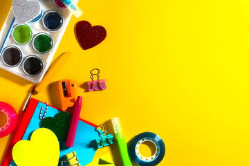 back to school background for kids & student, colorful stationery education in top view flat lay