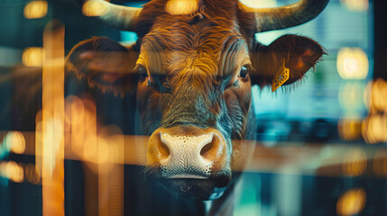 A bull looking at stock market financial charts