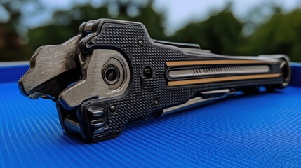 Close up of a surgical clamp with textured gripping surfaces