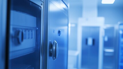 Industrial freezer storage units in a cold medical laboratory facility