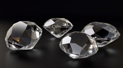 Intricately cut clear gemstones brilliantly sparkling reflecting light on a dark background