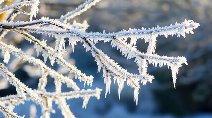 Close up of deciduous tree branches heavily coated in thick frost and ice crystals during winter