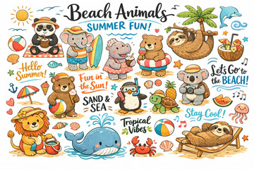 Obraz premium Hand Drawn Beach Animals Summer Set with Calligraphy Elements