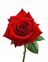 Single red rose blooms, showcasing vibrant petals and stem against clean, white background