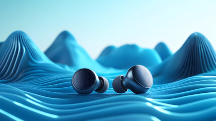 Sleek wireless earbuds displayed on glossy blue surface with futuristic wave pattern, creating modern and stylish aesthetic. scene evokes sense of innovation and technology