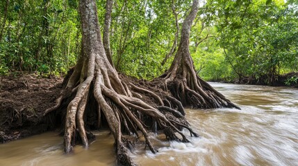 Fototapeta premium Gnarled tree roots exposed by the force of floodwaters on a riverbank in a lush forest environment