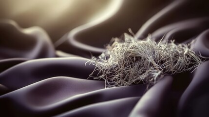 Close up view of metallic threads forming a delicate cluster on smooth dark fabric with soft lighting