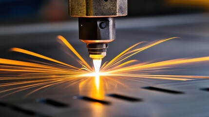 Industrial grade cutting torch with bright sparks generated from metal during precision manufacturing process