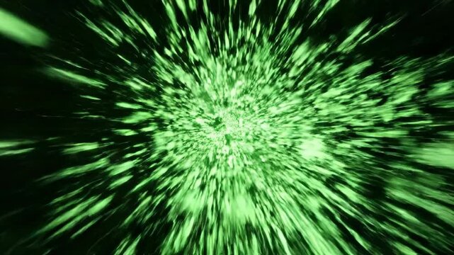 Highly complex geometric neon green particles rapidly disintegrating and streaking across the frame with aggressive digital motion blur and speed lines aggressive, geometric, vibrant