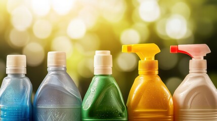 Closeup of colorful empty plastic cleaning supply bottles