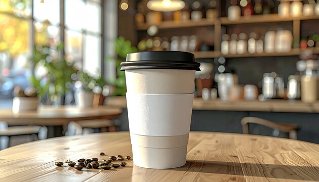 Coffee cup sits on table inside cafe, blurry background of cafe interior and wooden tables.