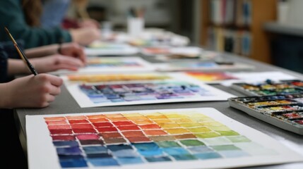 Fototapeta premium Medium shot capturing watercolor practice sheets on tilted boards sharp view on varied color charts blurred hands of students actively working in the background.