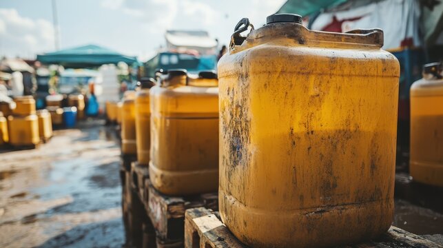 Row of yellow plastic containers filled with potable water for emergency supply stored outdoors