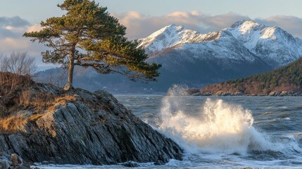 Powerful ocean waves crash against rugged sea cliffs with a lone tree and snow capped mountains in the background under a dramatic sky