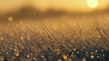 Glistening dew drops on coarse dry grass blades bathed in golden morning sunlight creating a bokeh effect