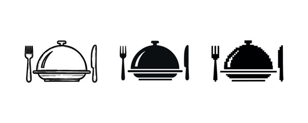 Black and white food cover icons with fork and knife on white background