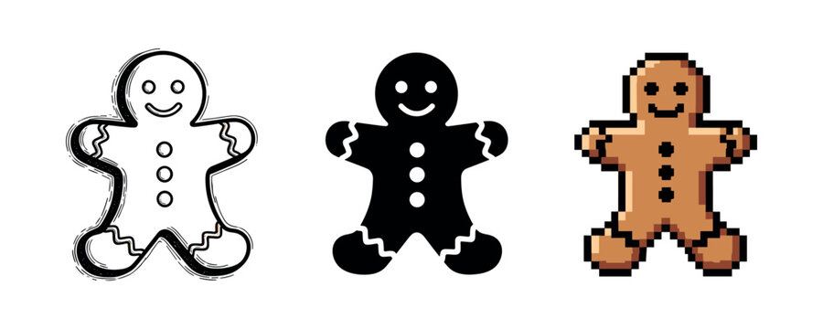 Three gingerbread man variations: outline, silhouette, pixelated art
