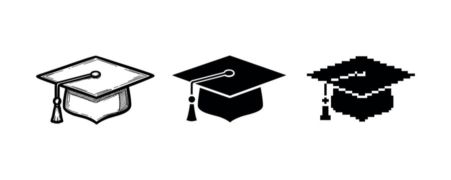 Set of vector graduation cap icons in classic, modern, and pixel art styles