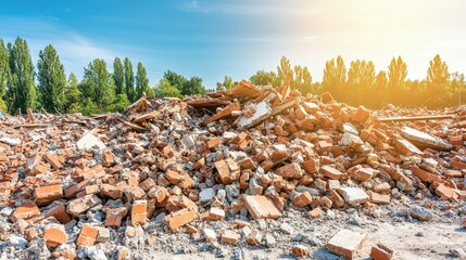 Pile of rubble and broken bricks at a construction demolition site with trees and sunlight in the background