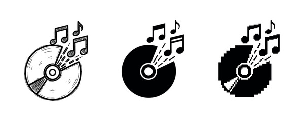Cd with musical notes icon set in sketch, solid, and pixel art styles