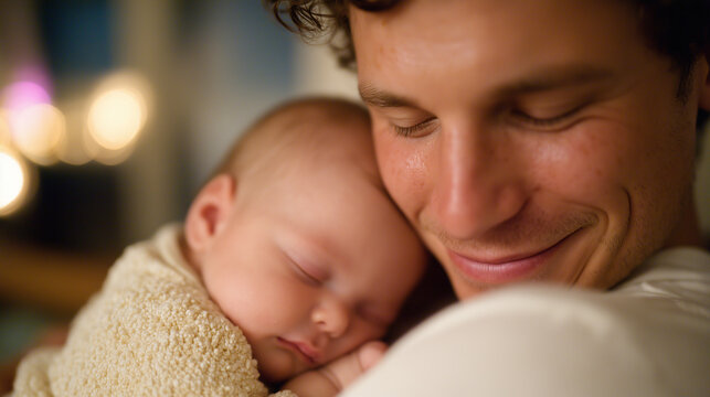  Exhausted New Parent Smiling with Asleep Baby on Chest in Dim Nursery at 3 AM, Real Unfiltered Moment of Love and Fatigue.