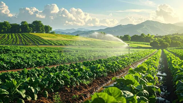 Lush green agricultural field with rows of crops and irrigation system under a cloudy sky.