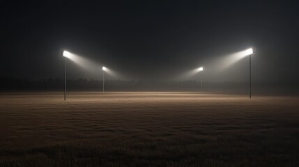 Stadium floodlights illuminating a foggy sports field at night with beams cutting through the mist creating a dramatic atmosphere