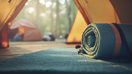 Rolled up sleeping mat and camping tents in a sunlit forest clearing