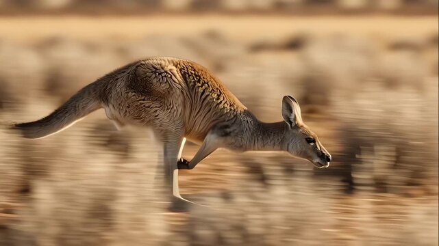 A kangaroo hopping across a dry, blurry landscape with warm, golden tones and a shallow depth of field, conveying a sense of motion.