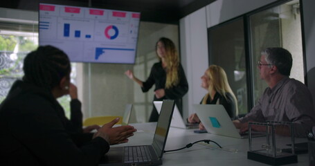 Young businesswoman leading presentation while diverse team listens and observes chart visuals on digital screen in corporate meeting room