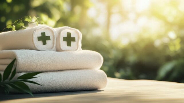 Emergency first aid supplies with medical cross symbols neatly arranged outdoors in soft sunlight