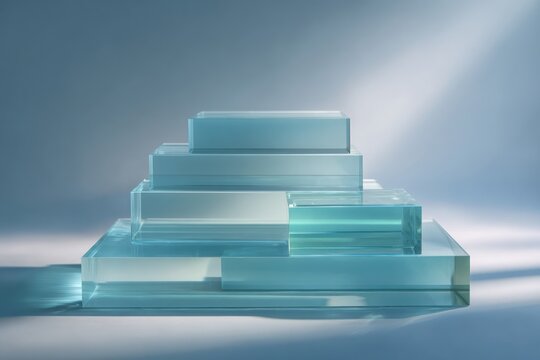 Minimal still life of translucent glass planes stacked asymmetrically, soft daylight, quiet wealth and transparency metaphor