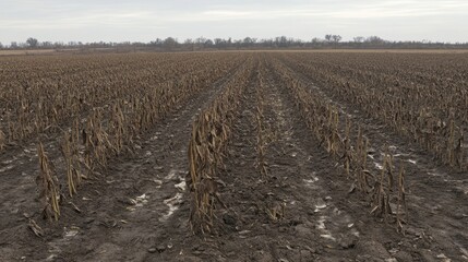 Withered stalks of dry crops standing in a parched farm field