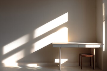 Abstract sunlit workspace reduced to light, shadow and empty surface, creative freedom and self-directed income, minimal modern aesthetic