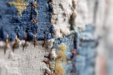 Close up of stitched fabric made from recycled textiles, visible seams, craft detail, sustainability through repair