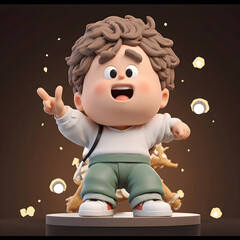 Cute 3D Cartoon Boy Figurine on Platform with Floating Light Orbs｜浮遊する光の玉と台座に立つ可愛い3Dカートゥーン少年フィギュア