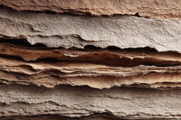 Abstract pattern formed by stacked recycled paper sheets, rough edges, slow value accumulation metaphor