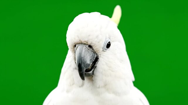 Close-up portrait of a white cockatoo bird with a green background.