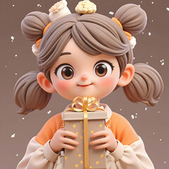 Cute 3D Cartoon Girl with Gift Box and Flowers in Hair｜ギフトボックスを持つ可愛い3Dカートゥーンの女の子と花飾り