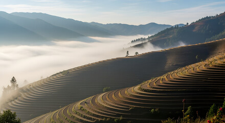A scenic vista showcasing terraced fields carved into rolling hills, shrouded in a blanket of morning fog, sunlight highlighting the terrain