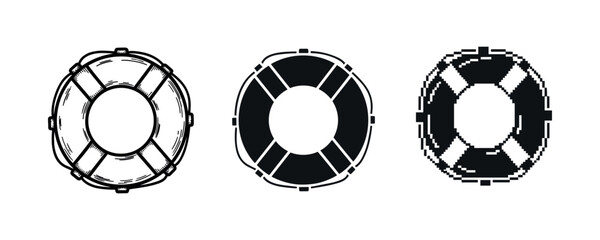Set of three life buoys in different artistic styles: outline, solid, and pixel art