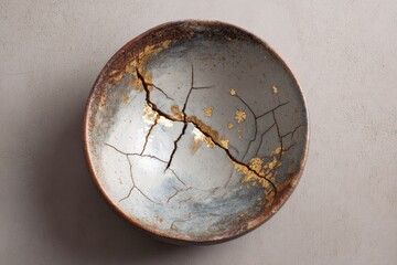 Top-down view of repaired ceramic bowl with visible kintsugi-style cracks, restrained, authentic reuse