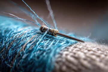 Close up of thread, needle and fabric mid-repair, shallow focus, tactile honesty