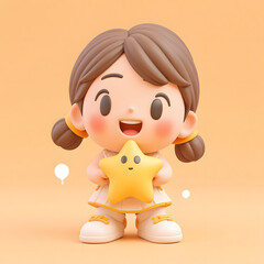 Cute 3D Cartoon Girl with Star Plush Toy on Peach Background｜かわいい3Dカートゥーンの女の子と星のぬいぐるみ ピーチ色背景