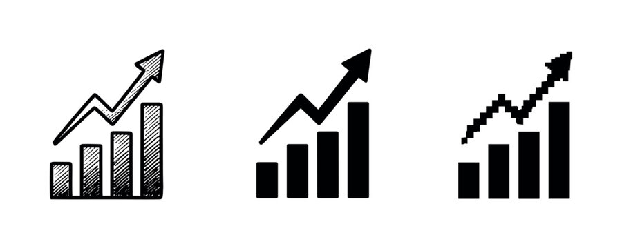 Three styles of bar chart icons with upward arrows on white background