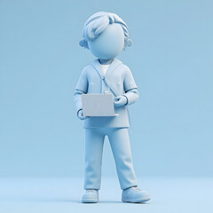 Minimal 3D Faceless Humanoid with Laptop and Headphones on Light Blue Background｜ライトブルー背景のミニマル3Dノートパソコンとヘッドホンを持つ顔のない人物