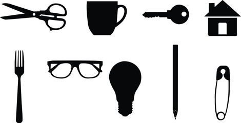 Collection of everyday objective as black silhouettes on a white background vector illustration