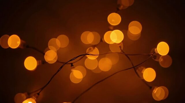 Warm orange string lights glowing in the dark background
