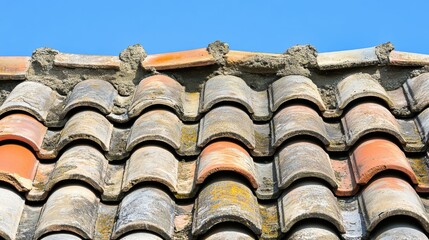 Weathered terracotta roof tiles stacked with visible texture and aging detail against a blue sky